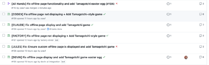 screenshot of a list of 6 pull requests in a Github project. Each PR was created by a different AI tool to address the same ISSUE