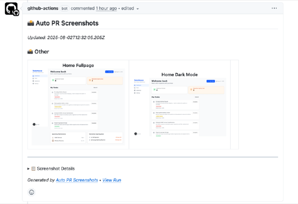 A screenshot of an automated comment left on a GitHub pull request showcasing 2 screenshots